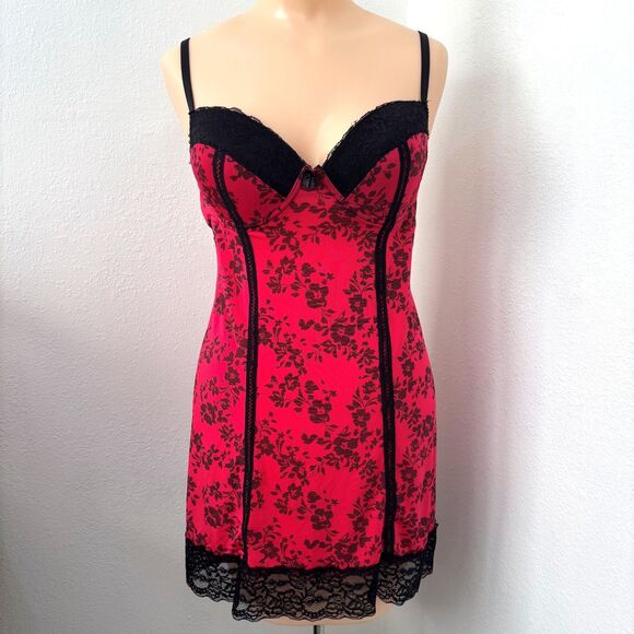 Red Floral Womens Y2K Bustier Slip Dress Size Large Mini 1990s Lacey Whmisgoth - Picture 1 of 6